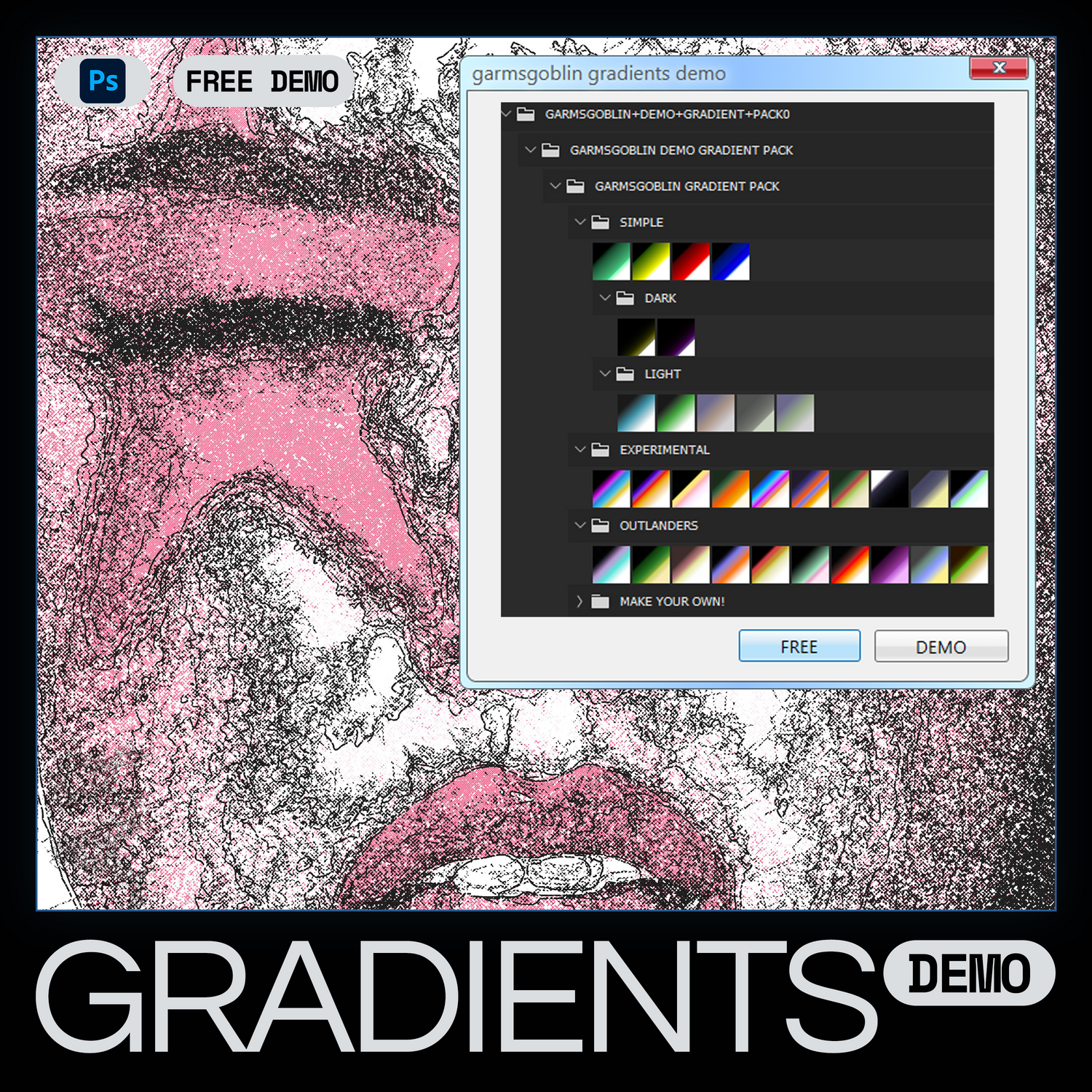 Gradient selection interface with a stylized face in the background